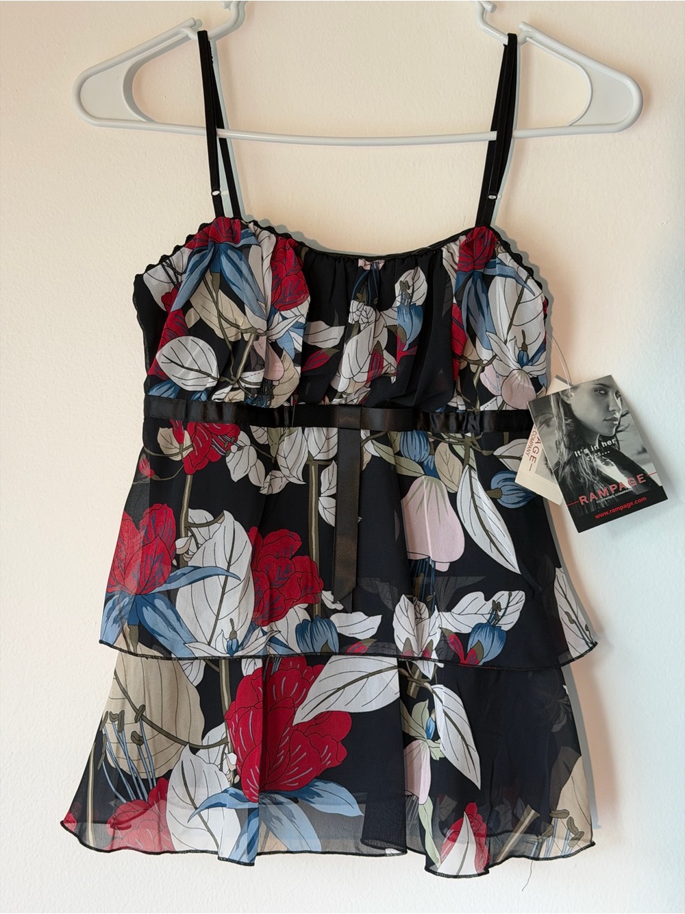 Rampage Vintage Black Floral Tiered Top - Red, White & Blue Print